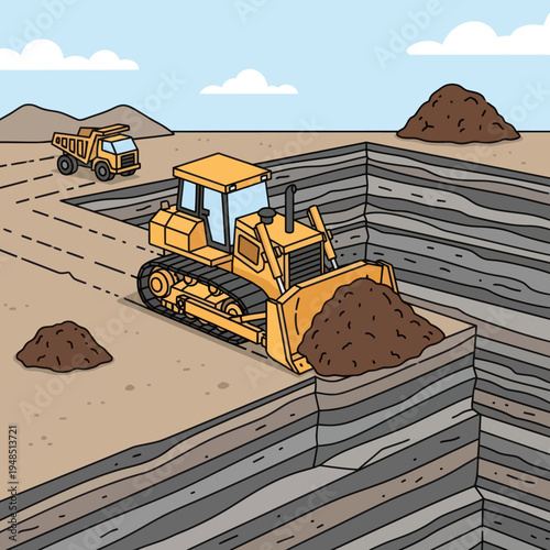 Heavy Duty Bulldozer Excavating Earth at Construction Site.