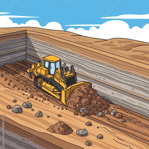 Heavy duty yellow bulldozer pushing dirt and rocks.