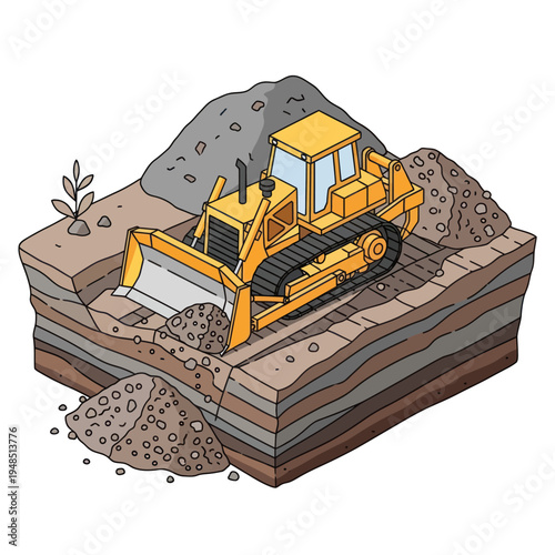 Heavy-duty bulldozer excavating earth at a construction site.