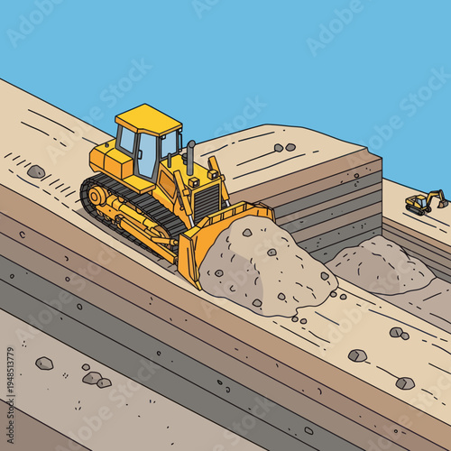 Heavy-duty yellow bulldozer pushing dirt on a construction site.