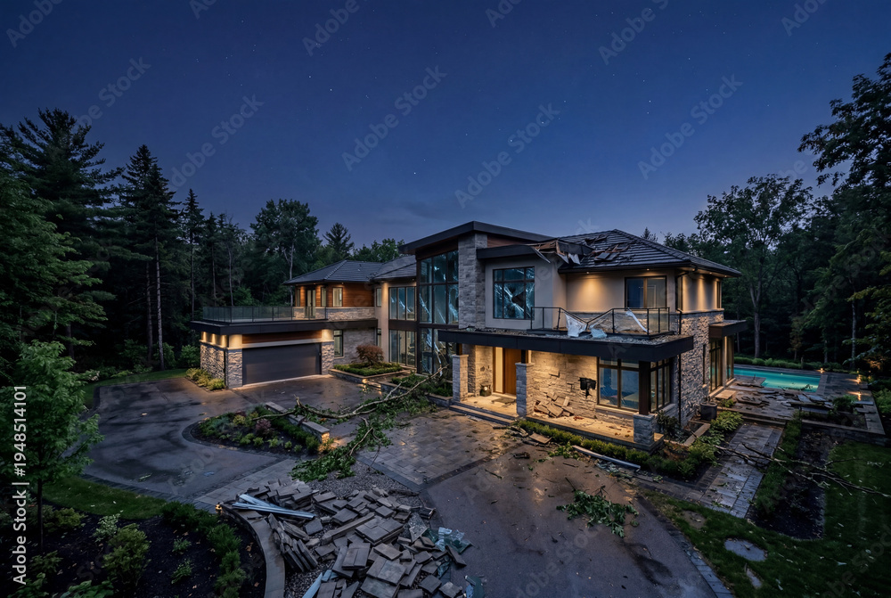 Fototapeta premium Modern luxury home facade showing subtle storm damage at night