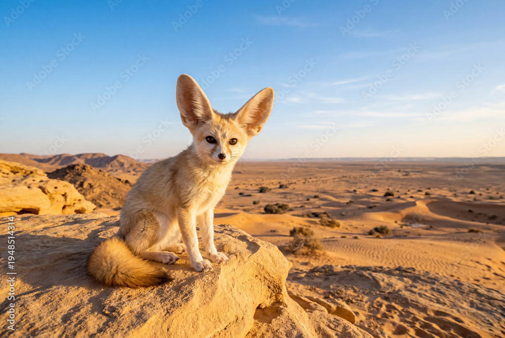 Naklejka premium Fennec fox alert on golden sandstone rock in desert landscape
