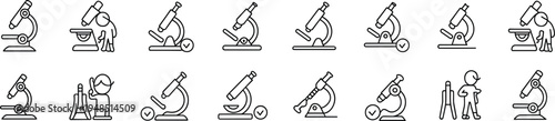 Microscope laboratory science line icons set, research equipment, biology experiment symbols, scientist tools, medical lab technology outline vector collection
