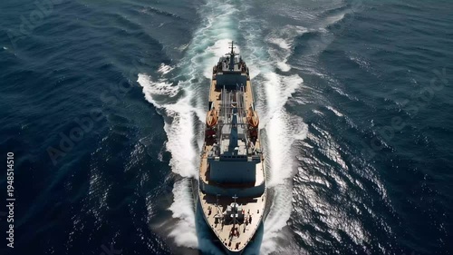 A powerful cargo ship navigates the deep blue ocean, leaving behind white frothy waves. The sun glimmers on the water, creating a tranquil and beautiful maritime experience.