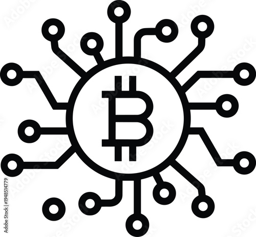 Bitcoin blockchain network icon, cryptocurrency digital currency symbol, fintech technology connection concept, crypto payment system vector line illustration