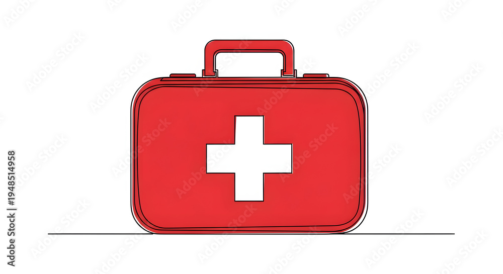 Fototapeta premium A red first aid kit with a white cross on the front and a handle on top sitting on a plain white back