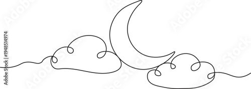 Minimalist Continuous Line Crescent Moon with Clouds Celestial Boho Night Illustration