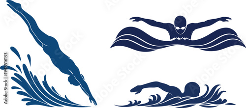 Three navy blue silhouettes of people diving and swimming in the ocean waves