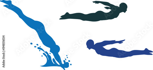 Three human figures diving into water in dark and blue silhouette