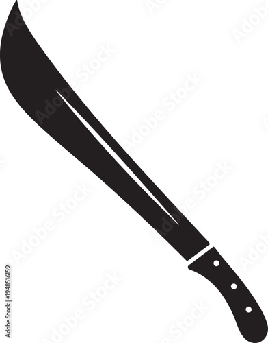 Black silhouette of a machete a large curved blade knife for jungle exploration and agriculture isolated on a white background