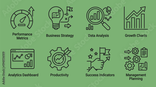 KPI Line Icon Set , Performance, Strategy and Business Analysis Editable Stroke Vector