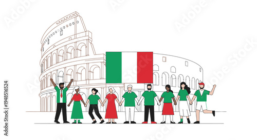 People Waving Italian Flag Together.