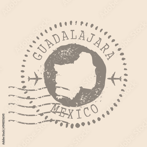 Stamp Postal of Guadalajara is city of Mexico. Map Silhouette rubber Seal.  Design Retro Travel. Seal  Map of  Guadalajara grunge  for your design.  Mexico. EPS10
