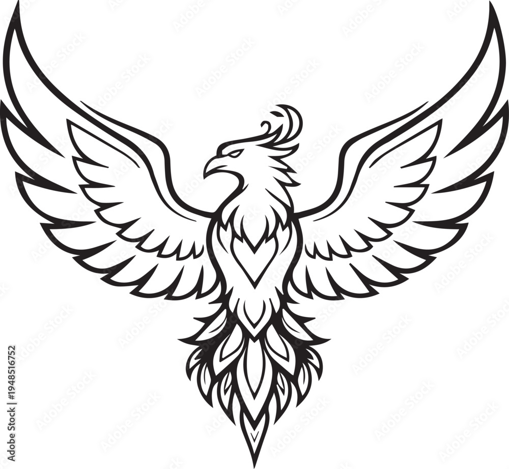 Fototapeta premium Phoenix bird rising silhouette icon isolated black white line art vector illustration