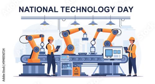 Illustration of industrial workers operating robotic arms in a factory on National Technology Day with a modern industrial backdrop.
