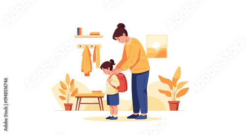 Illustration of a woman helping a child prepare a backpack in a cozy home interior with warm tones and plants.