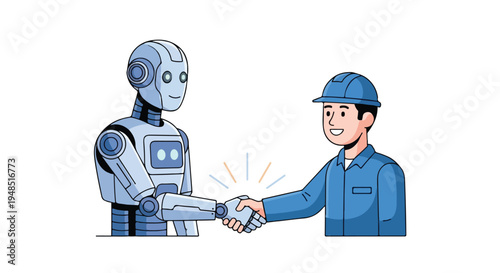 Illustration of a robot and a smiling worker in a blue uniform shaking hands with a solid white background and a touch of sparkles.