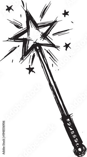 Hand Drawn magic wand doodle. Sketch style icon.Isolated on white background. Vector illustration