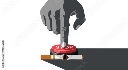 Illustration of a hand pressing a red stop button on a cigarette with a white background and gray tones.