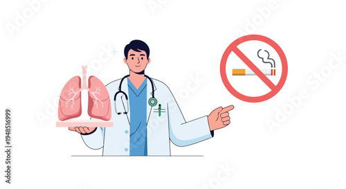 A doctor in a white lab coat holds a human lung model and points to a no smoking sign with a red circle and line through a cigarette on a clean white background.