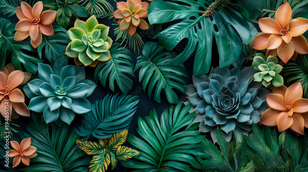Fototapeta premium Lush Botanical Tapestry: Vibrant Medley of Deep Green Tropical Leaves, Colorful Succulent Rosettes, and Warm Terracotta Flowers in Stunning Natural Arrangement.