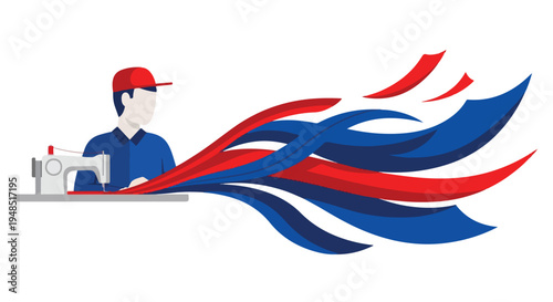 Flat illustration of a man in a blue shirt and red cap working on a sewing machine with dynamic red and blue abstract lines flowing behind him on a white background.
