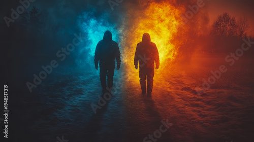 Mysterious hooded figures walk through vibrant landscape split by contrasting elements, one glowing with icy blue energy and other radiating fiery orange light, embodying duality and epic journey.