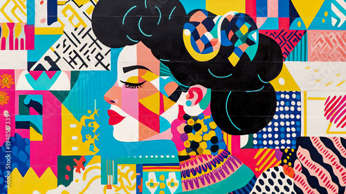 Captivating Abstract Geometric Portrait of Woman: Vivid Mural of Bright Colors, Intricate Patterns, and Modern Pop Art Style, Celebrating Feminine Expression