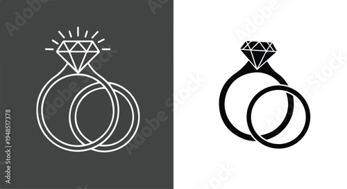 Two simple line art wedding ring designs with diamonds, one in white on dark gray background and the other in black on white background.