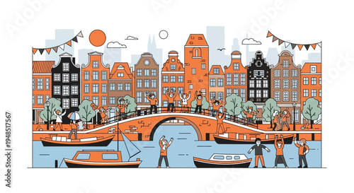 boats on a canal with bridge.