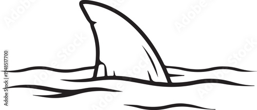Shark fin breaking ocean waves isolated black and white line art icon