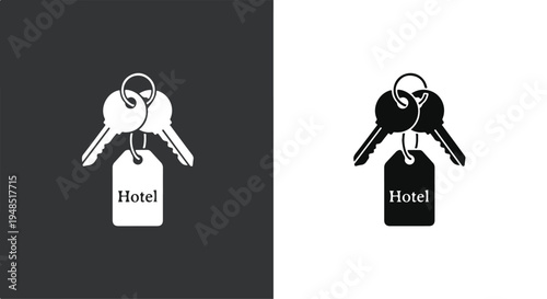 Black and white illustration of hotel keys with tags on a split dark and light background.