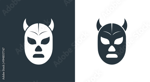 Two devil masks, one white on a dark background and one dark on a light background, with a bold graphic design and contrasting colors.