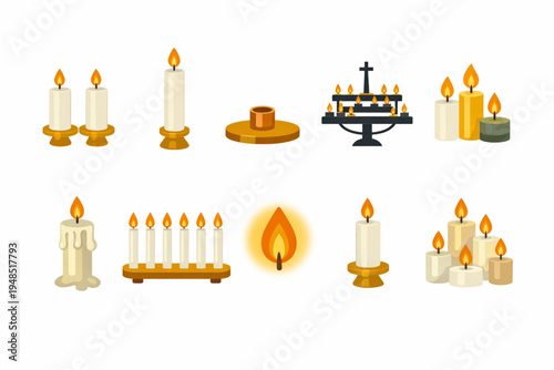 Altar Candle Icon Set – Church Candles, Flames, and Ceremonial Lights Flat Design