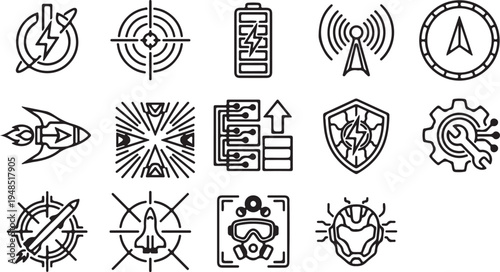 Set of unique technology icons depicting power, targets, and cybersecurity