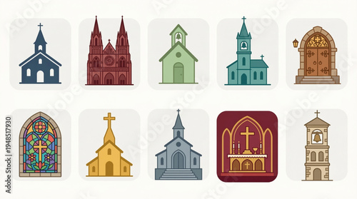 Church Building Icon Set – Cathedral, Chapel, Bell Tower, and Interior Symbols Flat Design