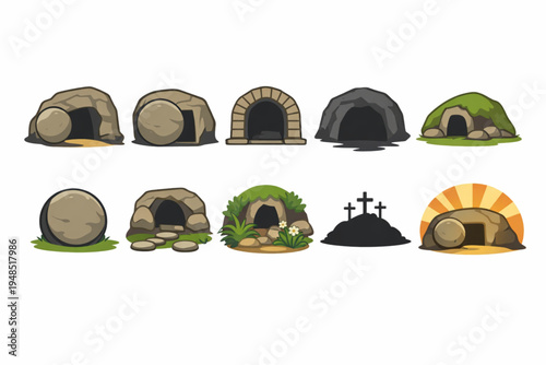 Stone Tomb Icon Set – Sealed Cave, Burial Hill, and Dawn Entrance Symbols Flat Design