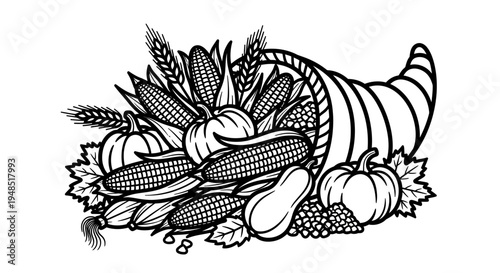 Black and white cornucopia with fruits and vegetables