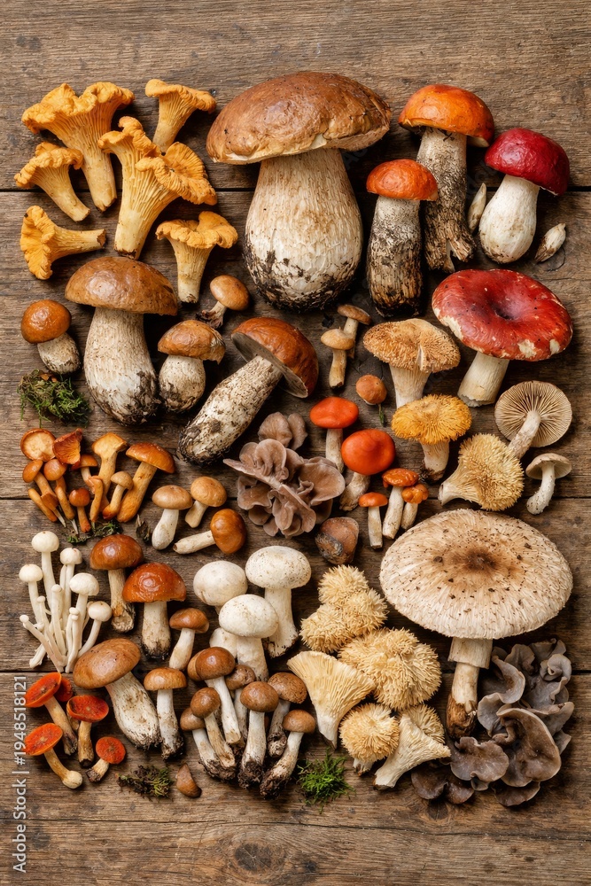 Fototapeta premium Assorted wild mushrooms and forest fungi on rustic wooden table - fresh foraged edible variety