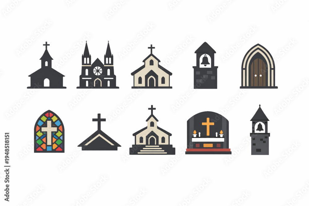 Fototapeta premium Church Building Icon Set – Cathedral, Chapel, Bell Tower, and Interior Symbols Flat Design