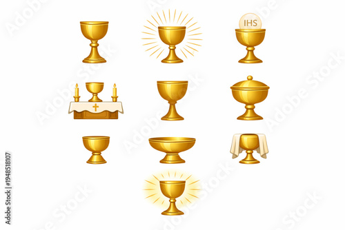Sacred Chalice Icon Set – Communion Cups, Hosts, and Glowing Altar Symbols Flat Design