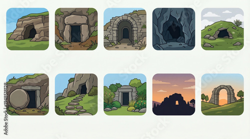 Stone Tomb Icon Set – Sealed Cave, Burial Hill, and Dawn Entrance Symbols Flat Design