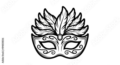 Intricately designed masquerade mask with feather and scroll details