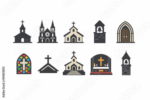 Church Building Icon Set – Cathedral, Chapel, Bell Tower, and Interior Symbols Flat Design