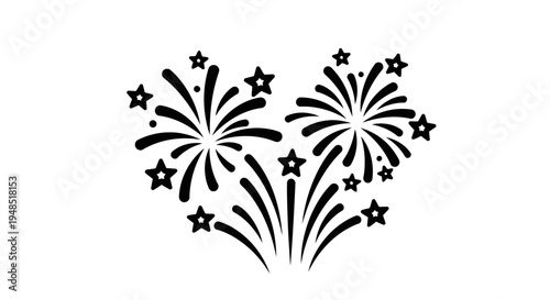 Black silhouette of fireworks and stars forming a heart shape