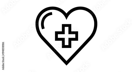 Black line drawing of a heart with a medical cross inside