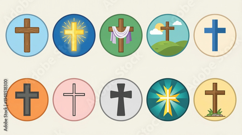 Christian Cross Icon Set – Wooden, Glowing, and Radiant Cross Symbols Flat Design