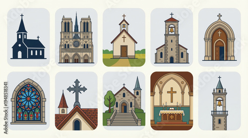 Church Building Icon Set – Cathedral, Chapel, Bell Tower, and Interior Symbols Flat Design