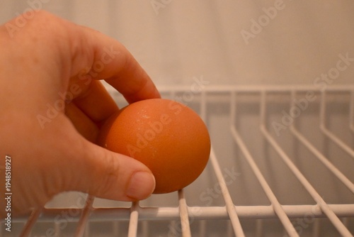 Fotografie Human hand taking a brown chicken egg from refrigerator shelf