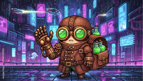 Steampunk Alchemist with Mechanical Arm and Goggles in Neon Cyberpunk City